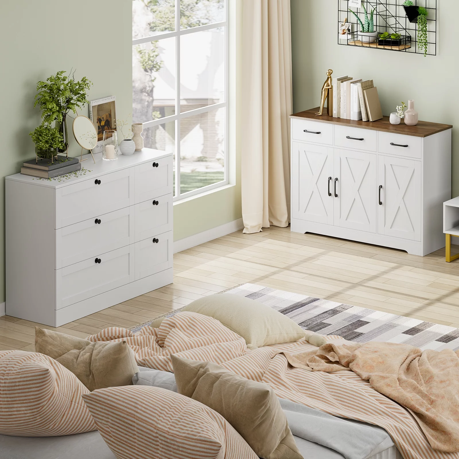 Homfa 42.5‘’ Kitchen Buffet Sideboard Cabinet, 3 Drawers Farmhouse Coffee Bar Storage Cabinet with Adjustable Shelf, White - Curated Treasures Market