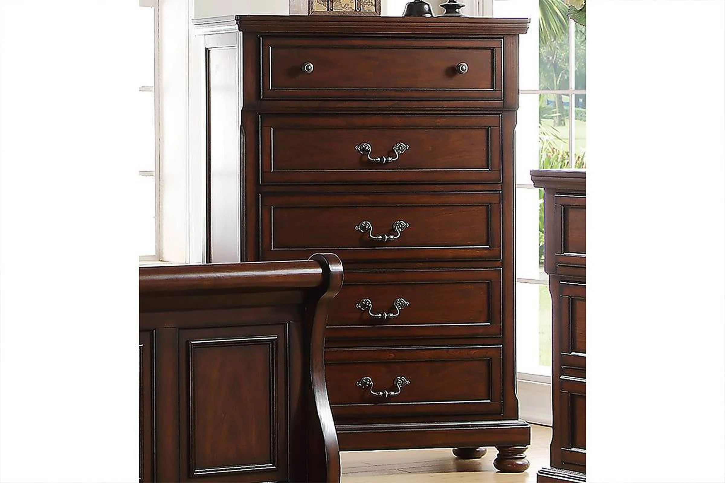 Majestic Traditional Cherry Veneer 6pc Bedroom Furniture Cal King Size Bed Dresser Mirror 2 Nightstands Chest Sleigh Bed