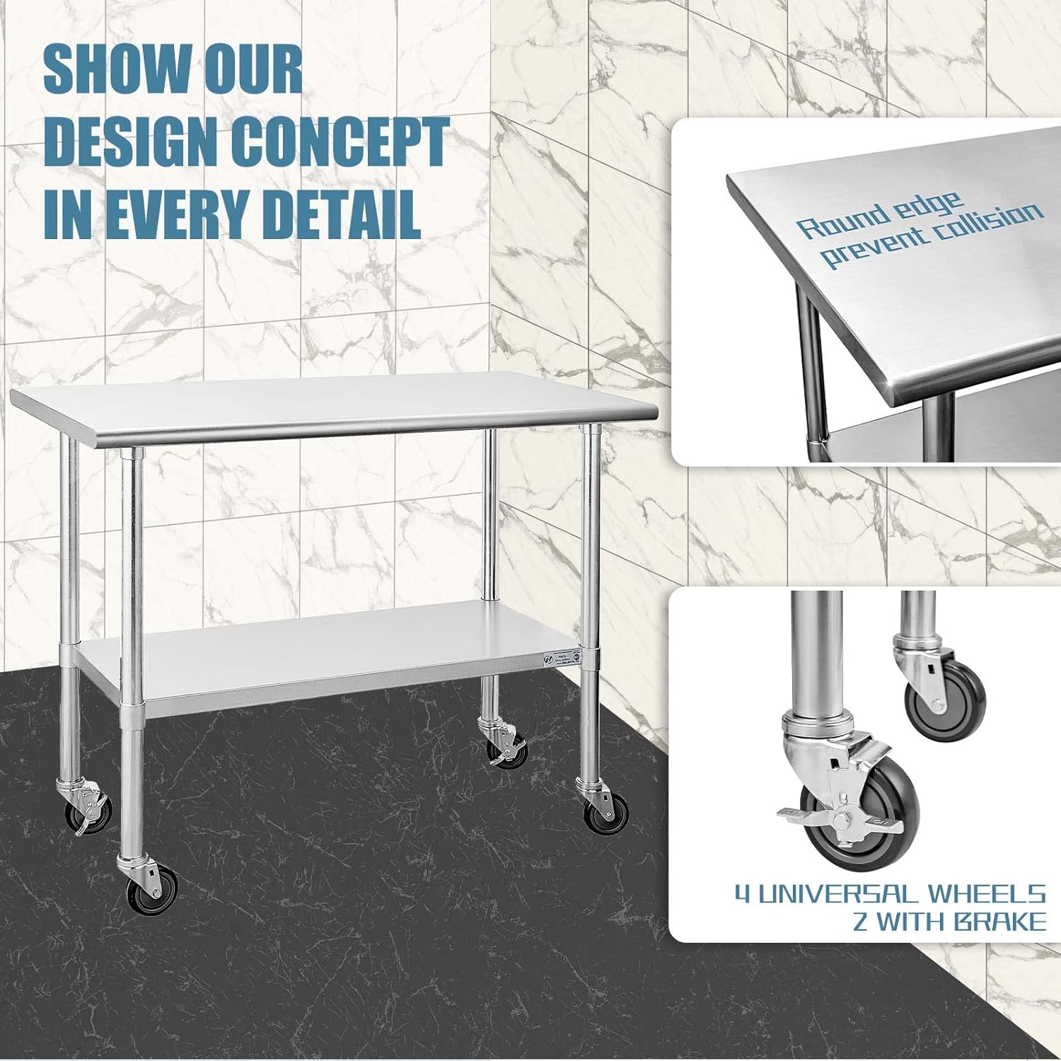 Hally Stainless Steel Table for Prep & Work 24 x 36 Inches with Caster Wheels, NSF Commercial Heavy Duty Table with Undershelf and Galvanized Legs for Restaurant, Home and Hotel