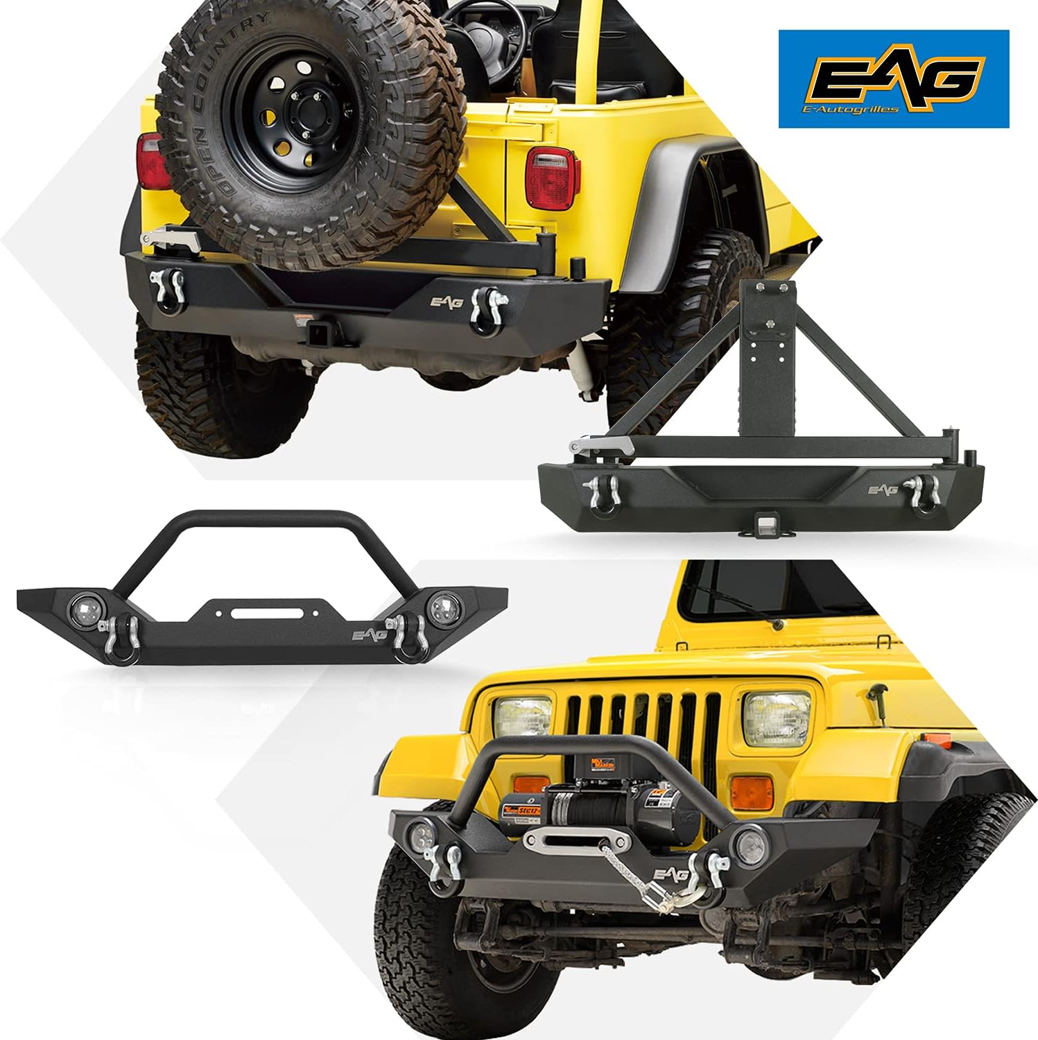 EAG Front LED Bumper and Rear Bumper with Assembled Tire Carrier Fit for 87-06 Wrangler TJ YJ