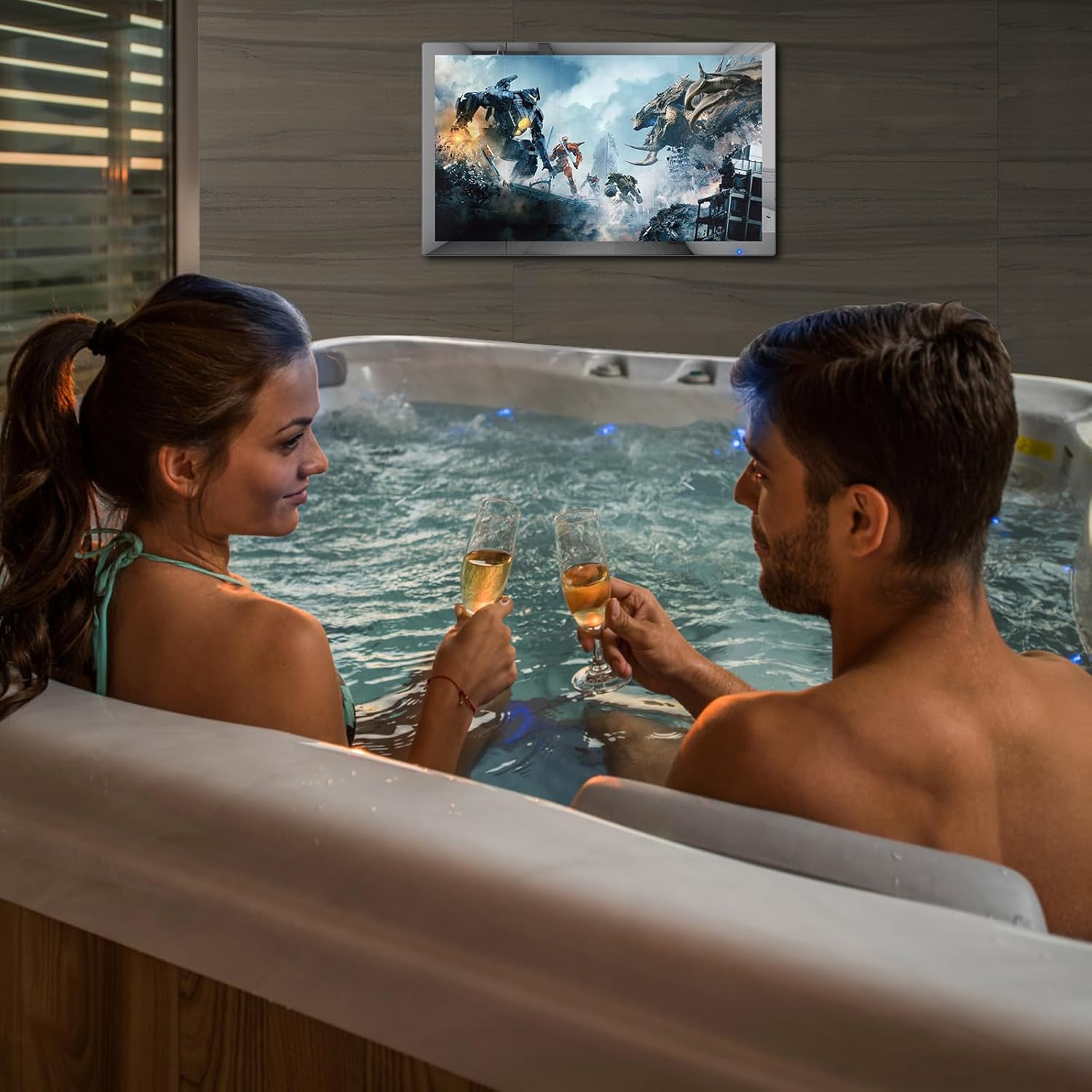 Haocrown 32 Inch Smart Bathroom TV 4K Ultra HD Android TV IP66 Waterproof Smart Mirror TV Google Assistant Built-in with Voice Remote,ATSC Tuner, Suitable for Bathroom Sauna(Silver Frame,2024 Model)