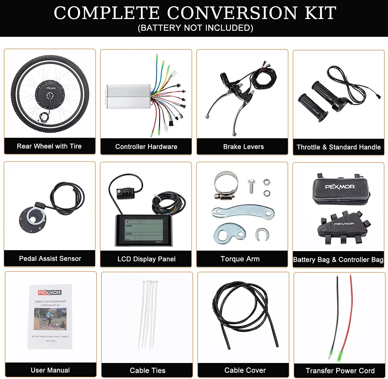 PEXMOR Electric Bike Conversion Kit, 48V 1000W 26" Front/Rear Wheel w/Tire Ebike Conversion Kit, Electric Bicycle Hub Motor Kit with LCD Display/Controller/PAS/Brake Lever/Torque Arm