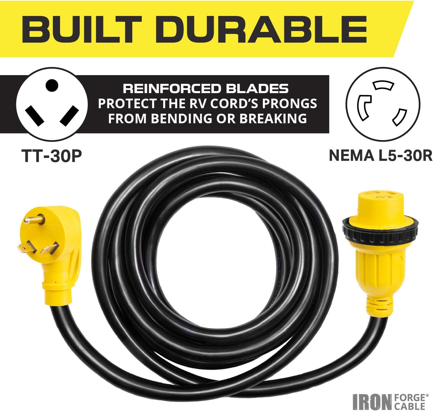 Iron Forge Cable 30 Amp RV Extension Cord 25 Ft - 10/3 STW TT-30P to NEMA L5-30R 125v RV Power Cord