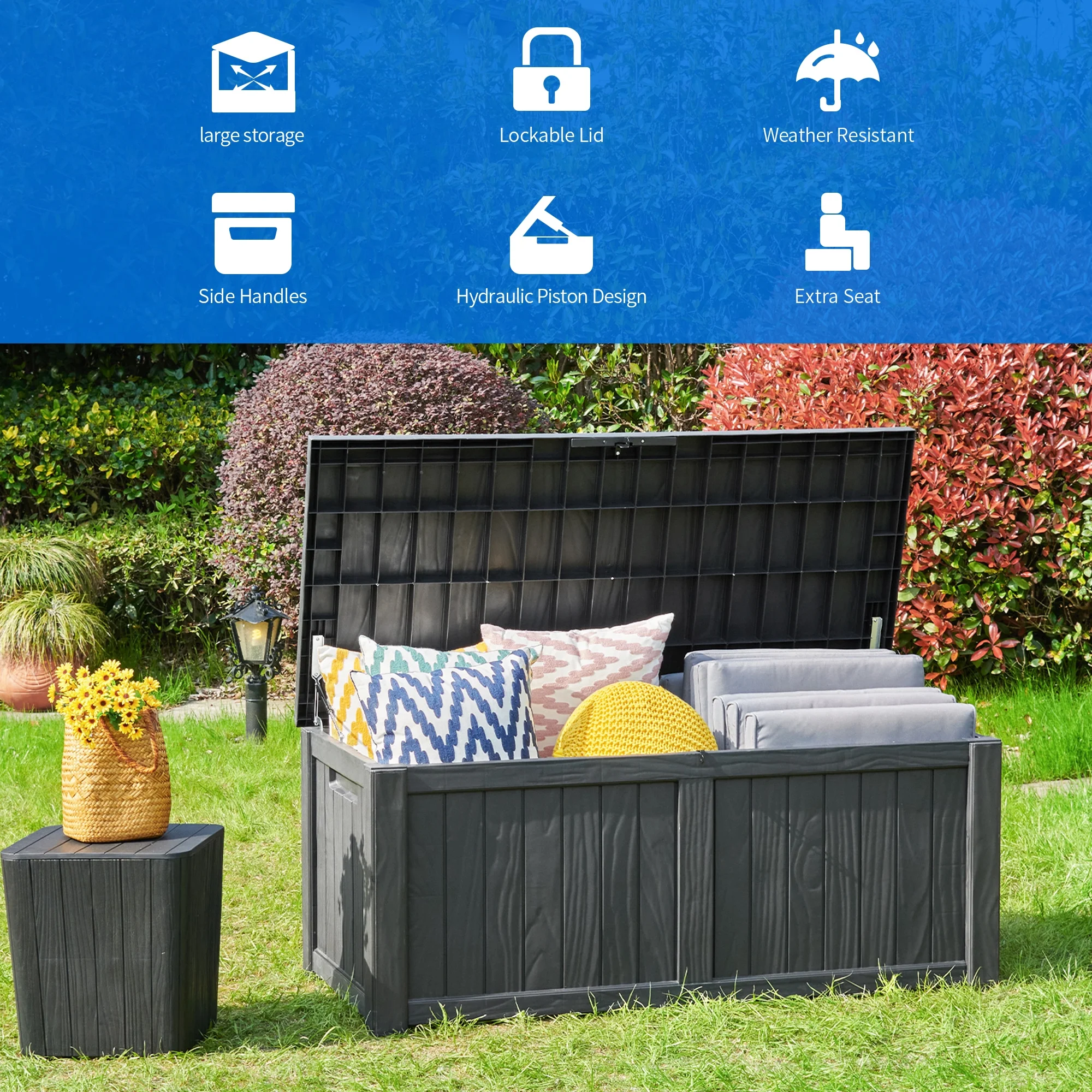 Dextrus Outdoor Storage Deck Box 120 Gallon - Large Resin Patio Storage for Outdoor Pillows, Garden Tools and Pool Supplies - Waterproof and Lockable (Dark Grey)