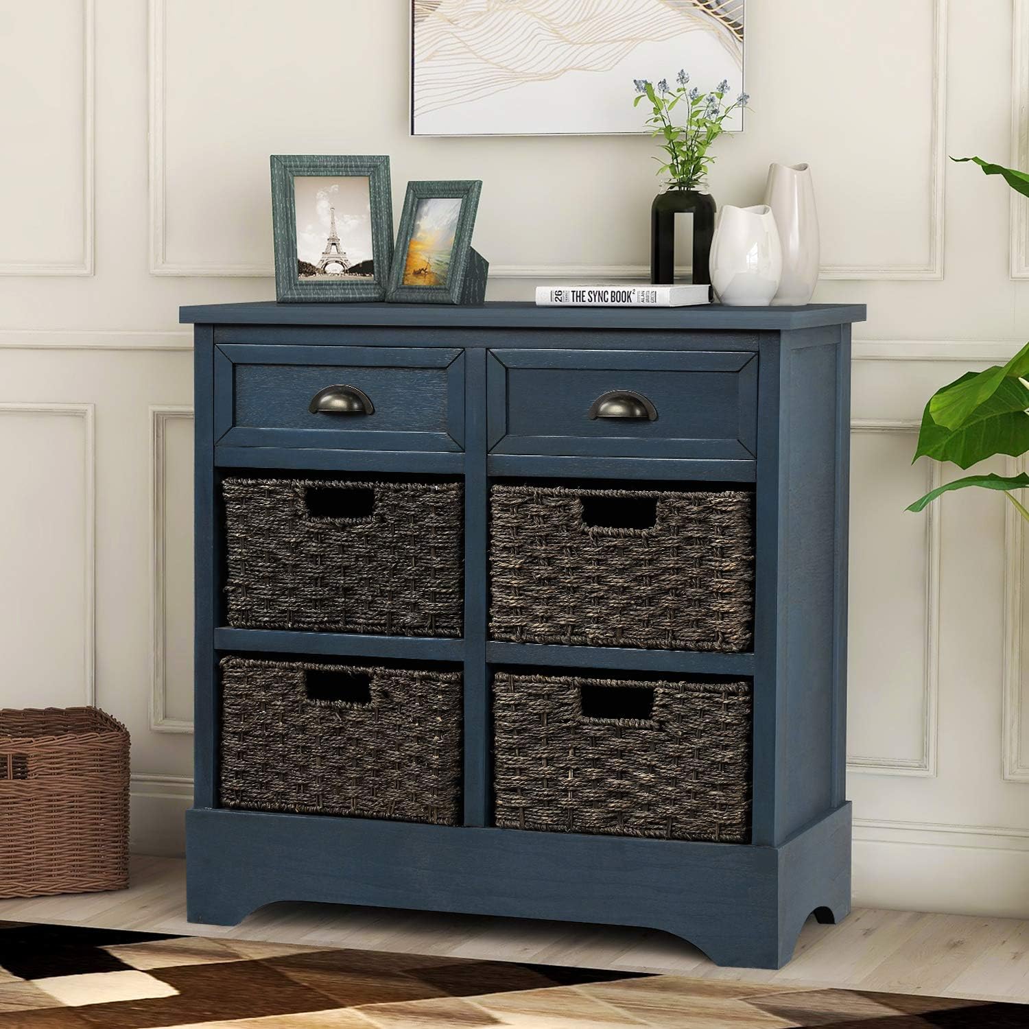 LUMISOL Home Collection Wicker Storage Cabinet Console table with Two Drawers and Four Wicker Baskets for Kitchen/Living Room/Dining Room, Accent Furniture (Espresso)