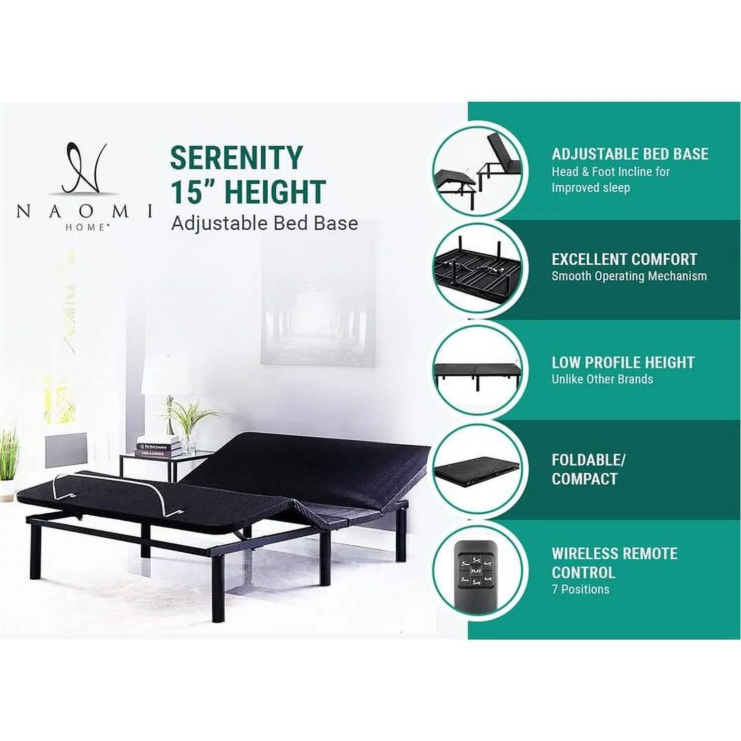 Serenity Deep Sleep Enabling 15" Height Adjustable Bed Frame Queen, Head & Foot Incline Adjustable Bed Base, Smart Bed, Adjustable Bed Frame with Remote, Anti-Snore, Zero Gravity Bed, Black