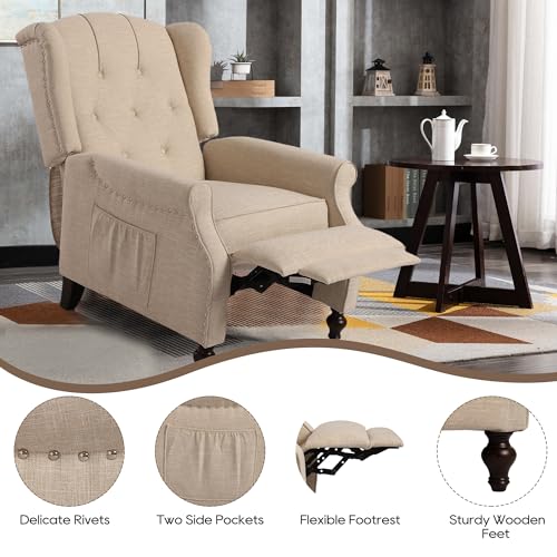 Wingback Recliner Chair with Massage and Heat, Tufted Fabric Pushback Recliner Chair, Wingback Chair with Remote Control, Padded Cushion, Wooden Legs, Small Recliners for Small Spaces