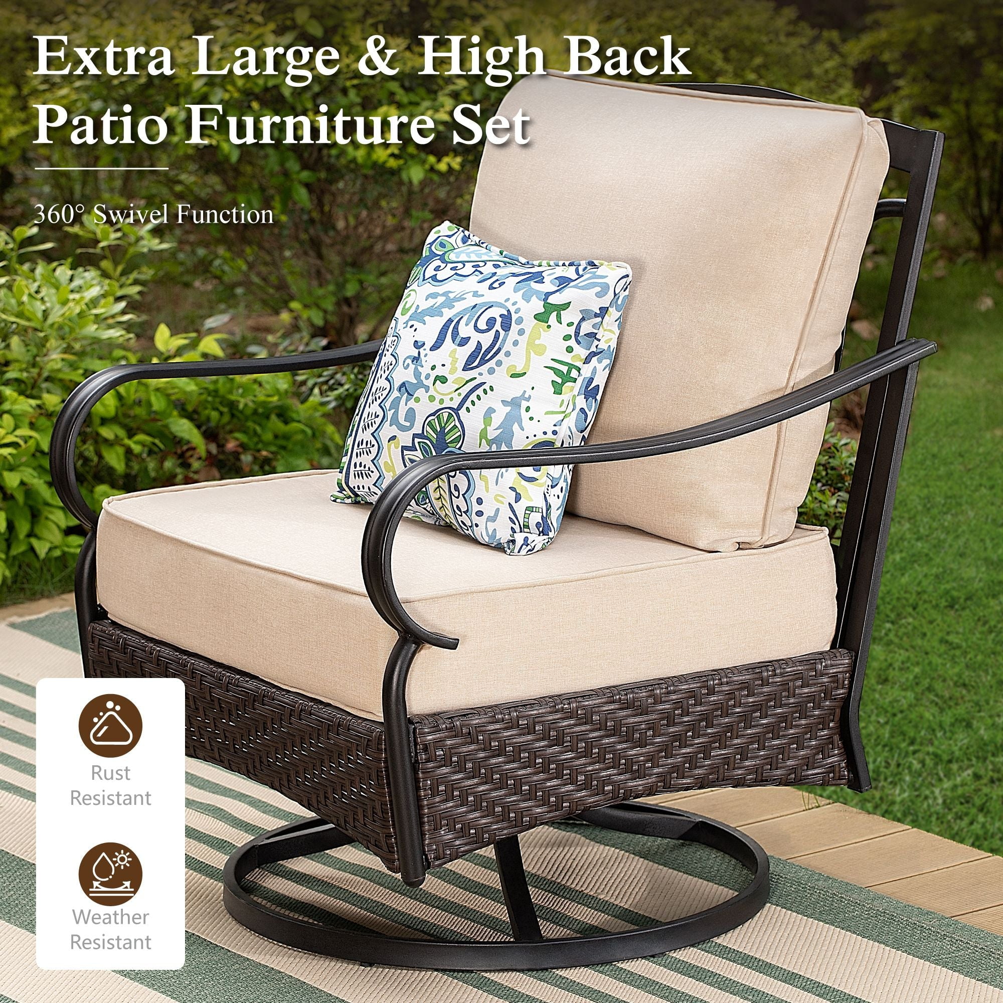 Alpha Joy 4 Piece Metal Patio Conversation Sofa Set 5-Seat Furniture Set with Swivel Chairs
