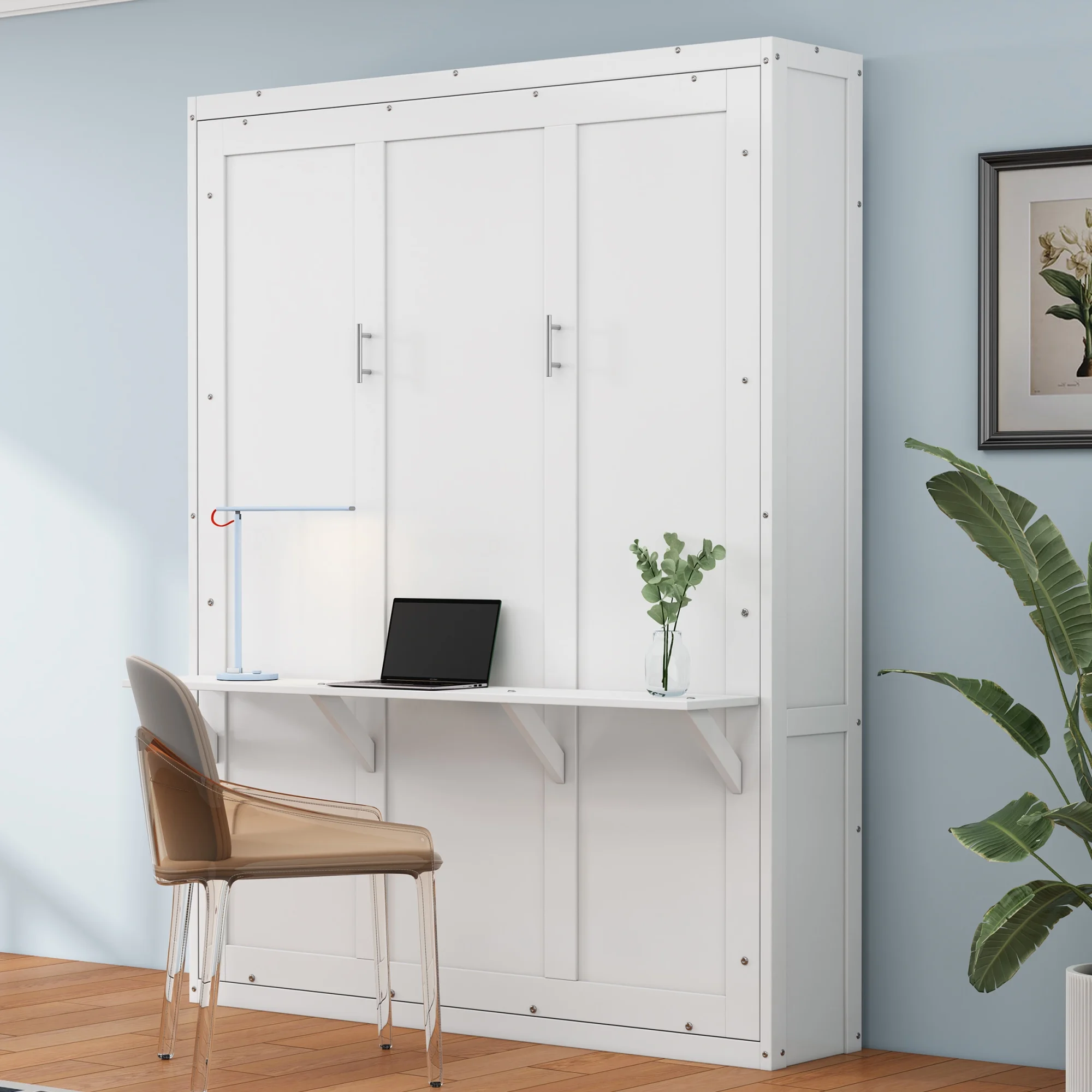 KLMM Modern Wooden Queen Size Murphy Bed 68-inch Cabinet Bed Folding Wall Bed with Desk Combo, Perfect for Small Spaces and Guest Rooms [Amazon.com]