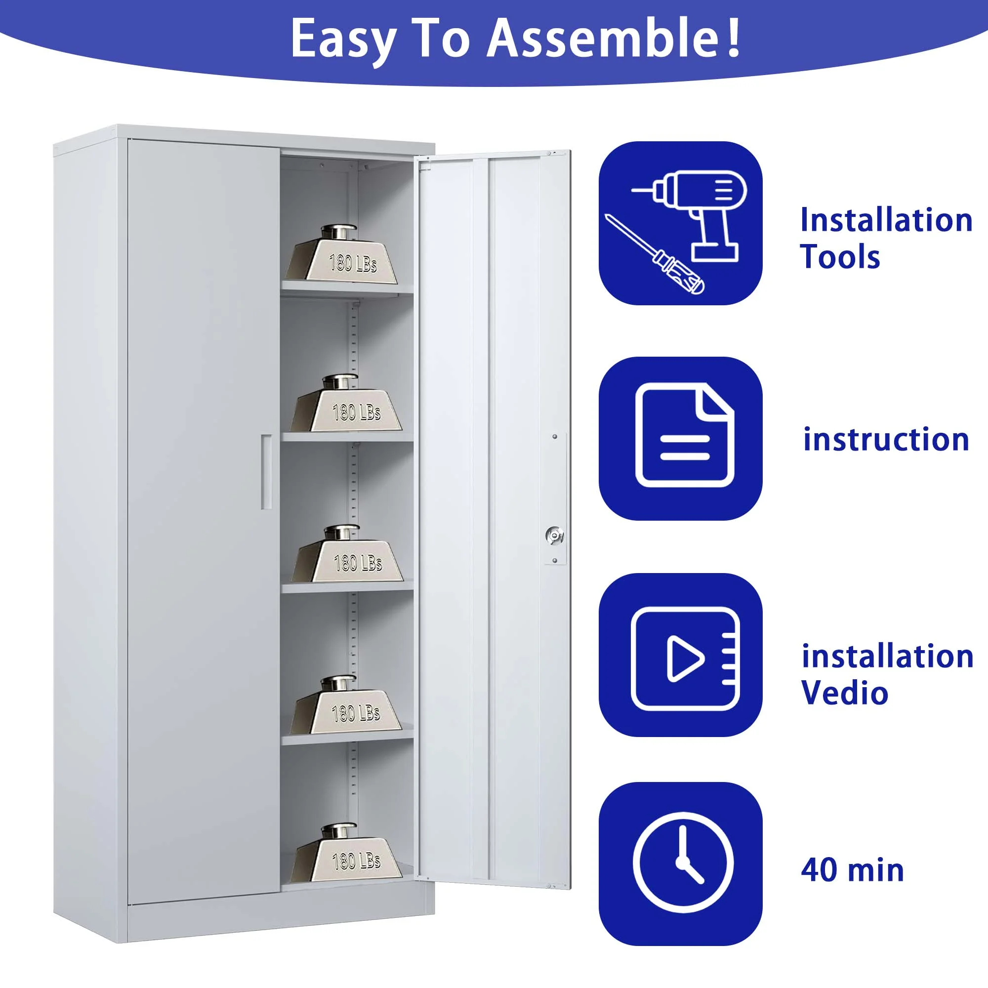 71"H Metal Garage Storage Cabinet, Black Tool Steel Locking Cabinet with Doors and 4 Shelves, Tall Cabinets for Garage Storage Systems Lockable File Cabinet for Home Office, Classroom/Pantry