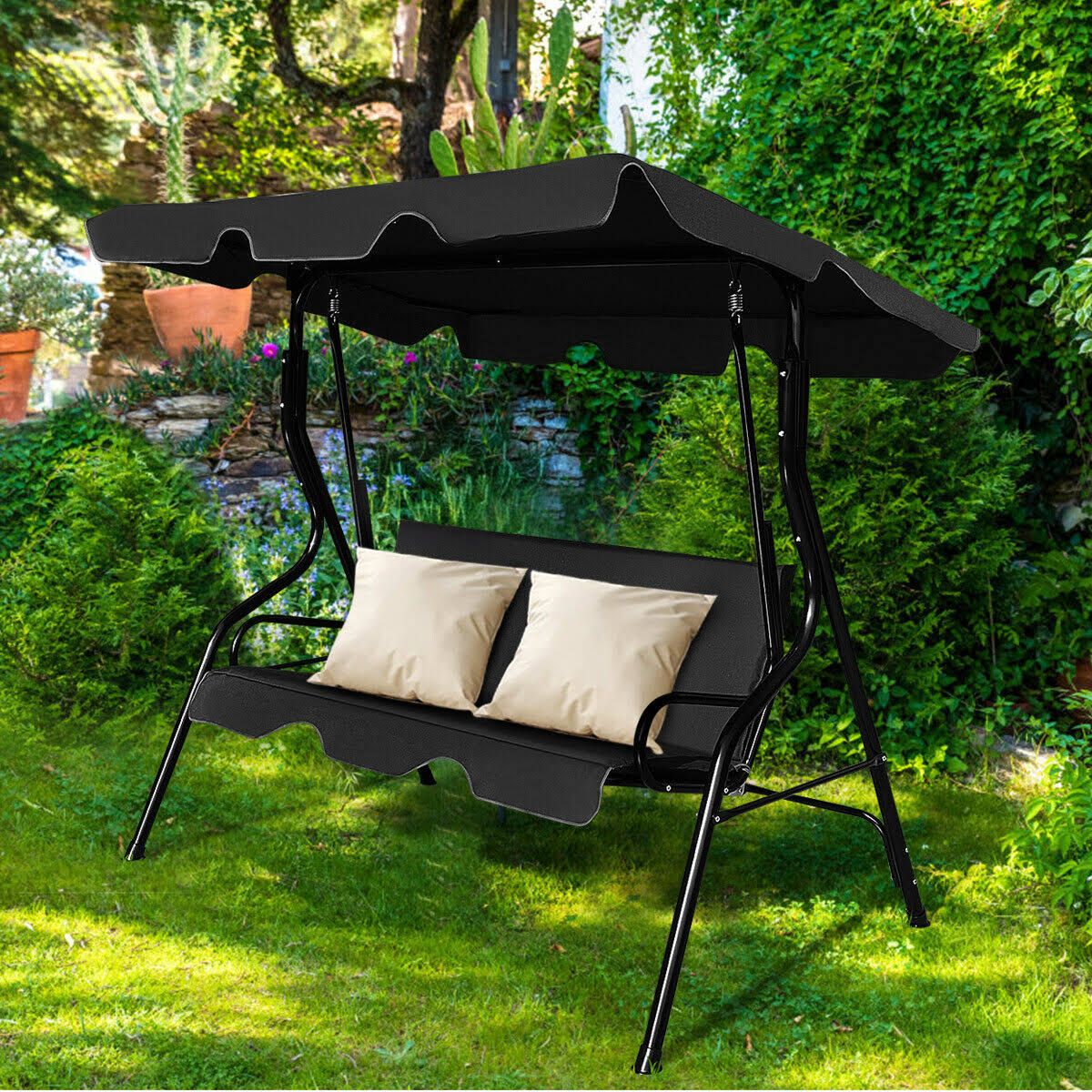 Costway Patio 3 SEATS Canopy Swing Glider Hammock Cushioned Steel Frame Outdoor Black