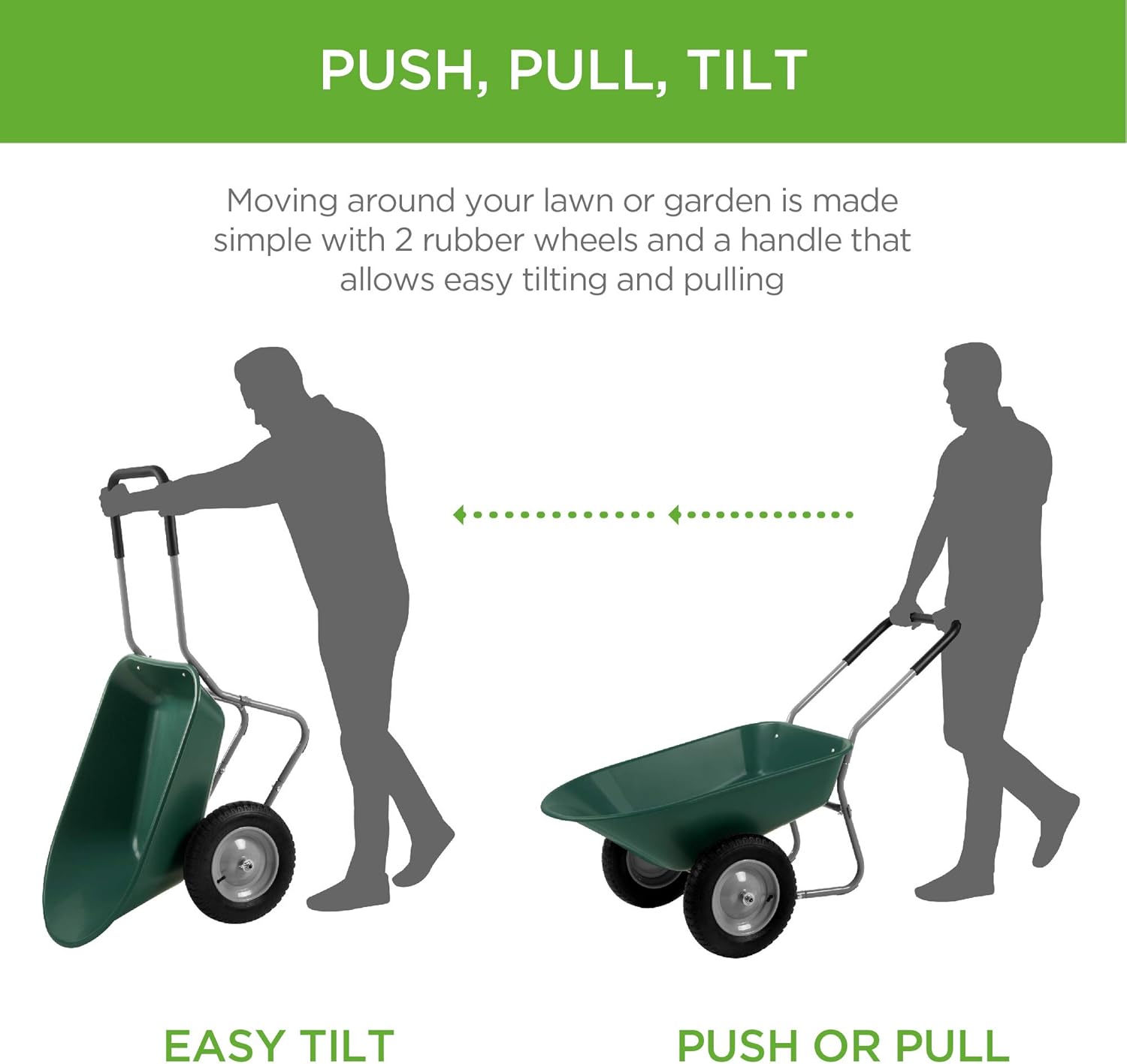 Best Choice Products Dual-Wheel Home Utility Yard Wheelbarrow Garden Cart w/Built-in Stand for Lawn, Gardening, Grass, Soil, Bricks, and Construction, Green