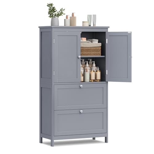 VASAGLE Bathroom Floor Storage Cabinet, Bathroom Storage Unit, Freestanding Cabinet with 4 Doors, Adjustable Shelves, 11.8 x 23.6 x 43.3 Inches, Forest Green UBBC552C01