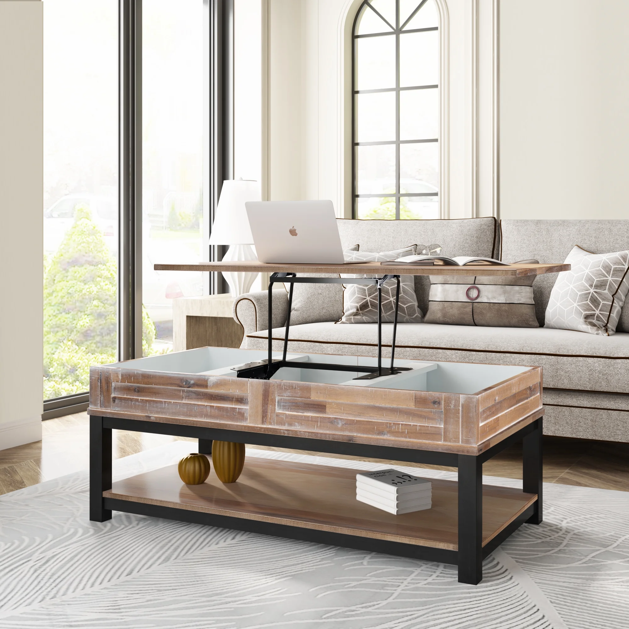 Lift Top Coffee Table with Hidden Storage Compartment and Lower Shelf for Living Room, Solid Wood Legs Inner Storage Space and Shelf for Living Room - Curated Treasures Market