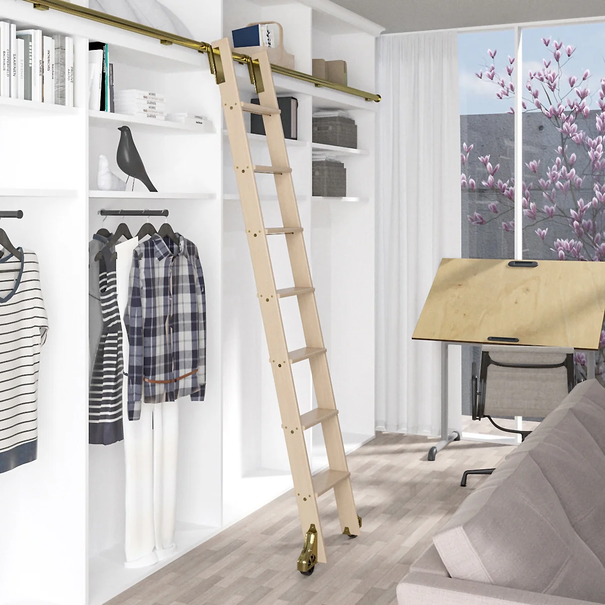 92 in. Un-Finished Maple Library Ladder Polished Brass Sliding Hook Ladder Kit with 8 ft. Rail