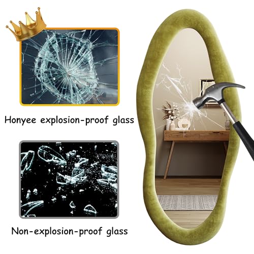 Honyee Full Length Mirror, 63" x 24" Wall Mirror, Flannel Wrapped Wooden Frame Floor Mirror, Irregular Wavy Mirror Hanging or Leaning Against Wall for Cloakroom/Bedroom/Living Room, Milk Tea