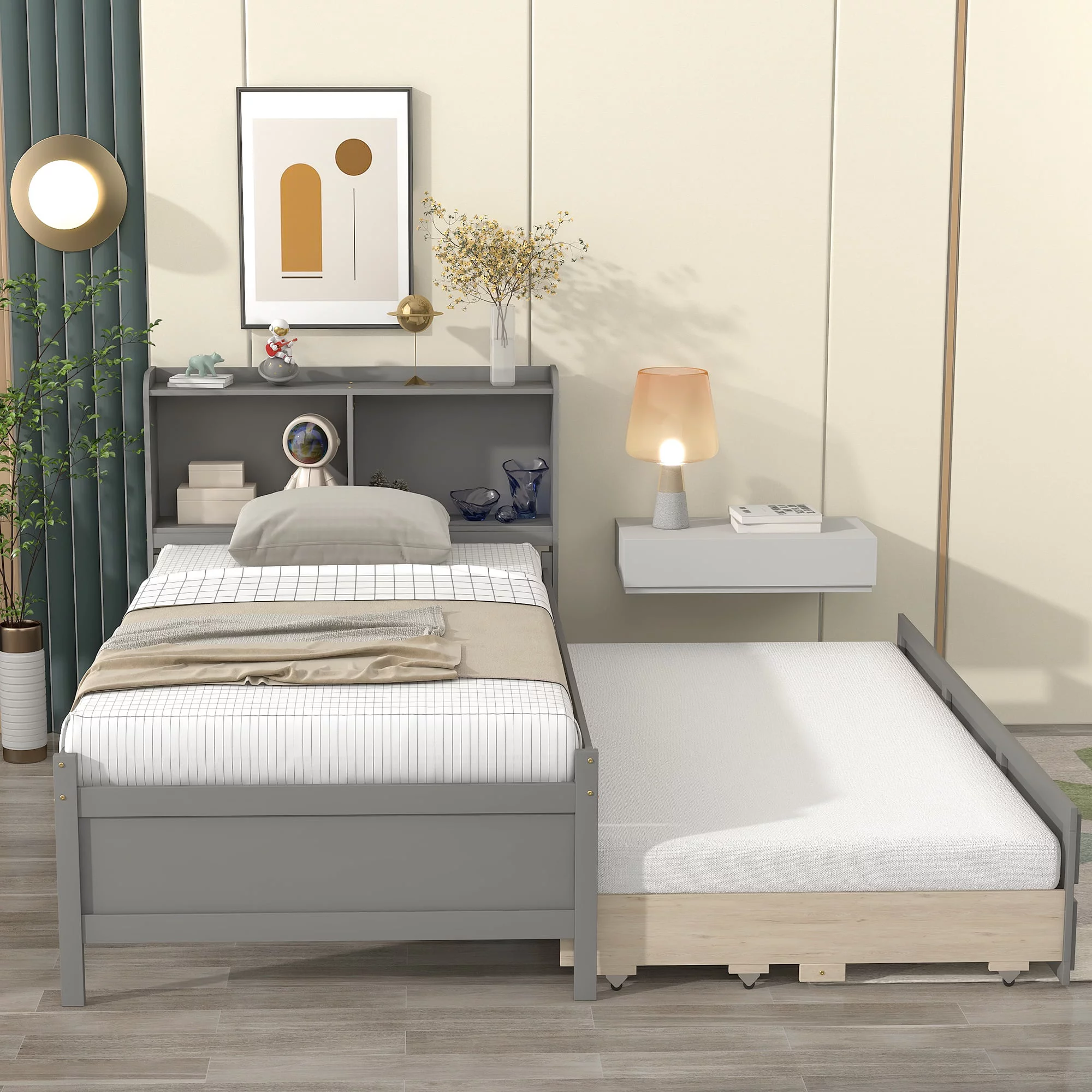 Twin Bed Frame with Bookcase Headboard,Wooden Twin Size Platform Bed with Trundle and 3 Storage Drawers,Twin Storage Bed for Kids Girls Boys,No Box Spring Needed,Grey