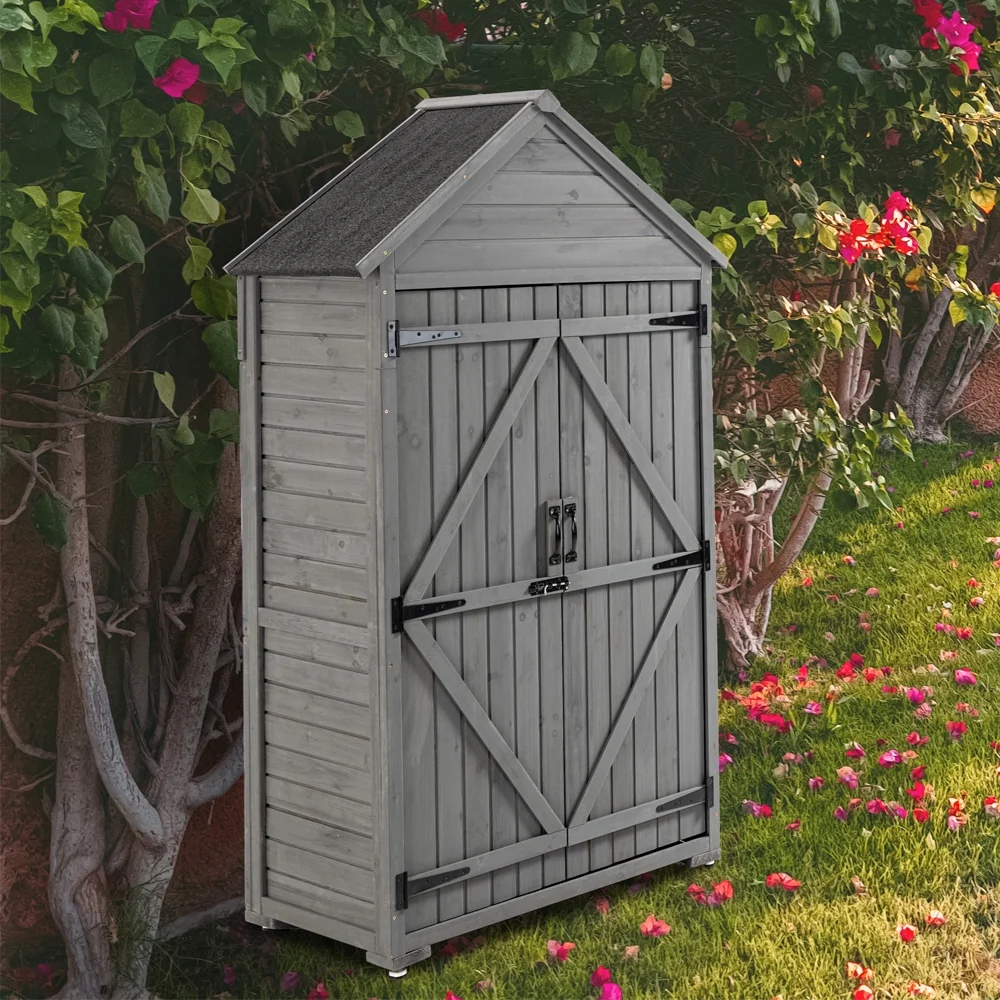 Outdoor Storage Cabinet Garden Wood Tool Shed Outside Wooden Closet with Shelves and Latch