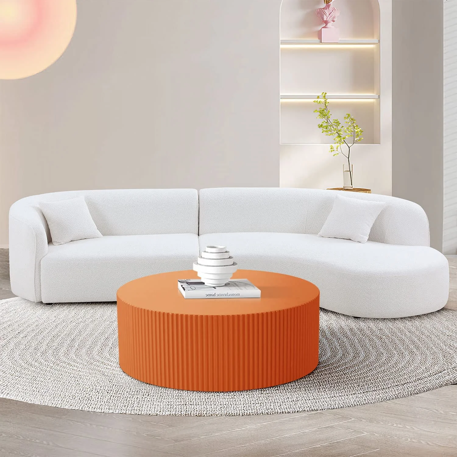 Kevinplus 35.43" Round Coffee Table, Matte Orange Wooden Large End Table for Living Room, Modern Luxury Side Tables Accent for Home Office