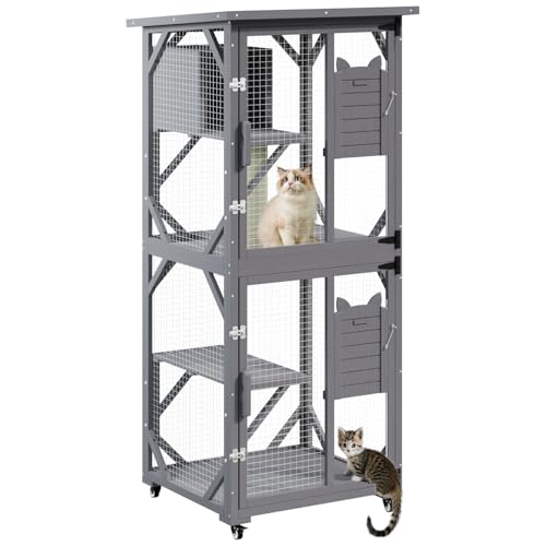 LEMBERI Cat House Outdoor Catio Cat Enclosures on Wheels, 71" Large Outside Patio Wooden Cat Cage Resting Box,Scratching Post, Waterproof Roof (Gray, 71")