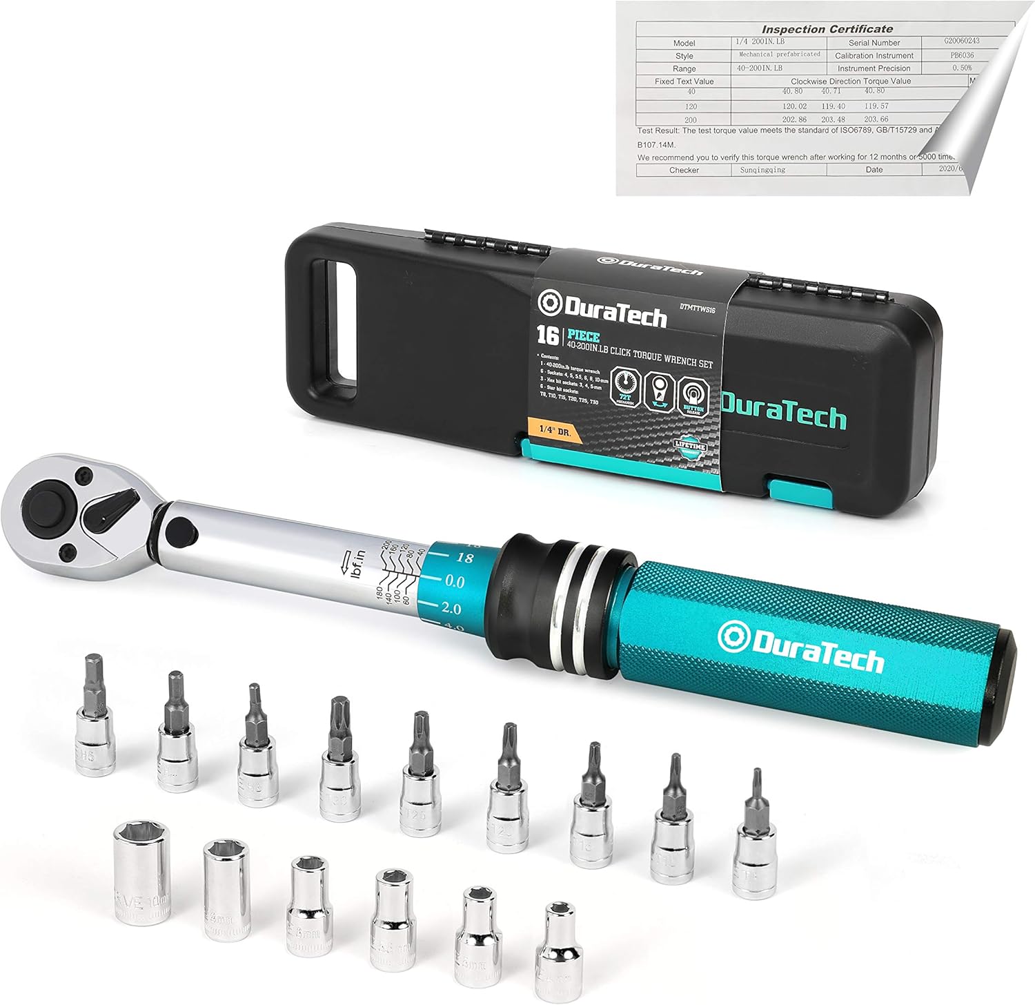 DURATECH 1/2-Inch Drive Click Torque Wrench, 30-160 Ft-lb, with Socket Adapter, Extensions Bar, Storage Case Included