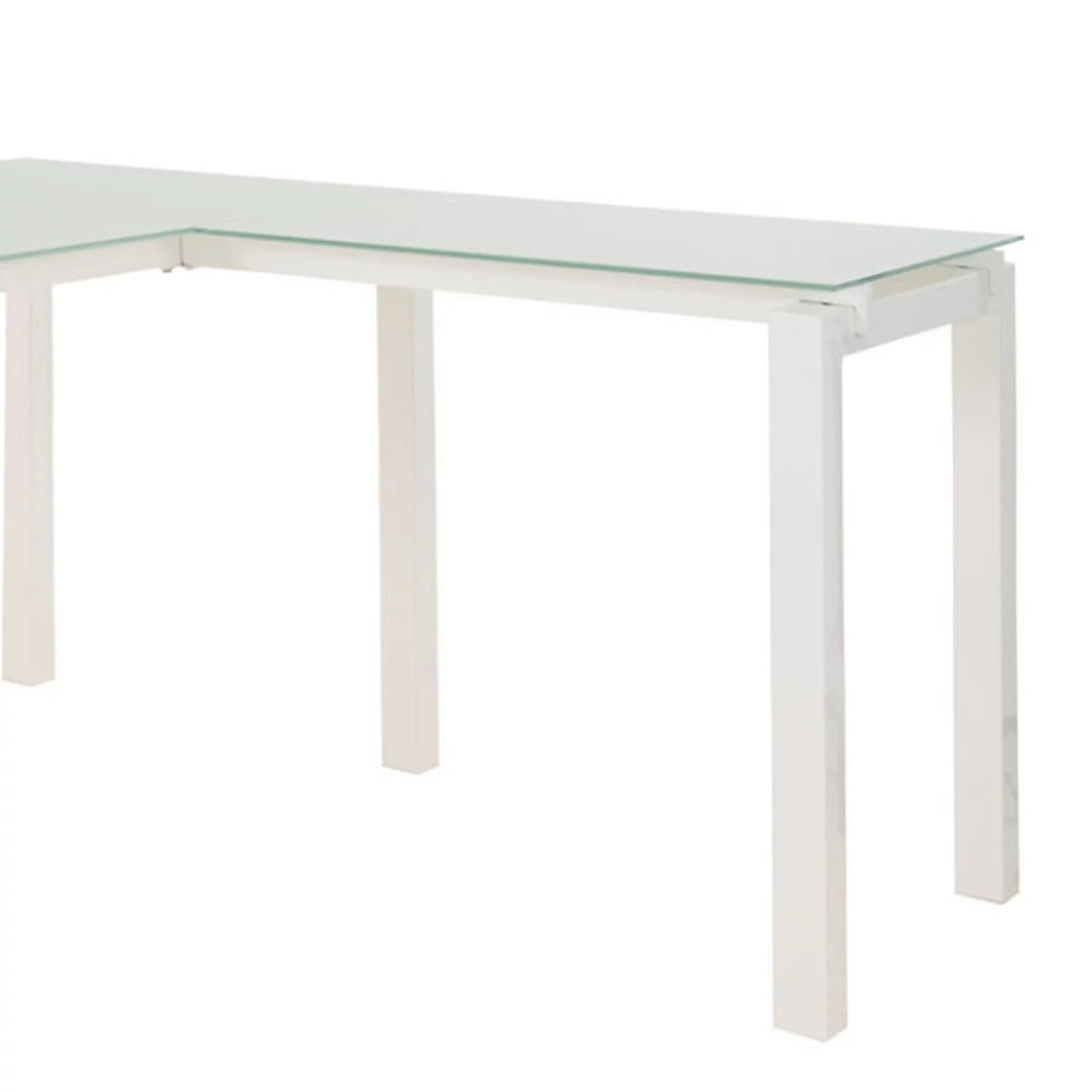Benzara Metal L Shape Desk with Frosted Glass Top and Block Legs, White