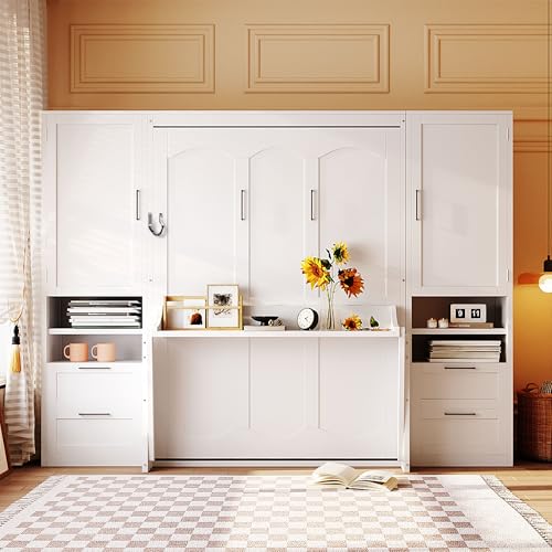 KLMM Wooden Murphy Bed Wall Bed with 2 Wardrobe and Storage Shelf,Foldable Platform Bedframe for Guest-Room Bedroom Study Office Use (White#E, Full)