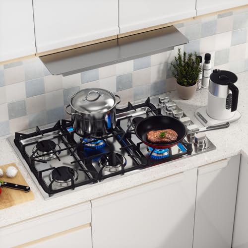 COSTWAY Gas Cooktop, Stainless Steel Gas Stove Top with Burners, ABS Knobs and Cast Iron Grates, NG/LP Convertible Gas Range Top with Sealed Burners for Kitchen, Easy to Clean, Silver