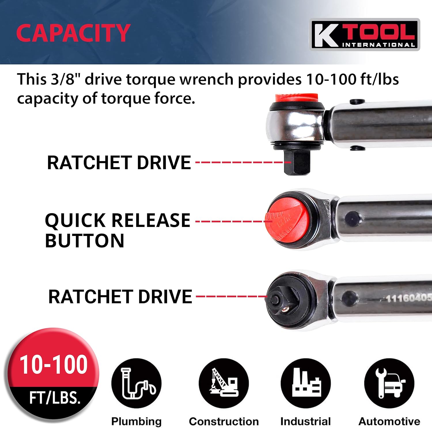 K Tool International - 3/8" Drive Click Style Long Torque Wrench, 10-100 feet/lbs. Capacity, 16-1/4" Long, Durable Strength, Easy to Read Measurements; KTI72143 Pack of 2