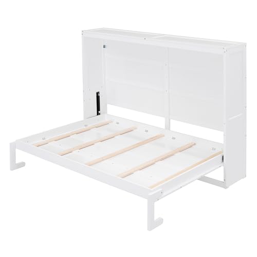 Harper & Bright Designs Queen Size Murphy Bed Wall Bed with Storage Shelves, Wardrobe and LED Lights, Space-Saving for Multipurpose Guest Room or Home Office, Gray