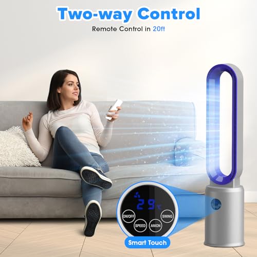 Cobuy Bladeless Tower Fan with Remote, Air Circulator Cooling Fan for Indoor Use, 24 Speeds Settings, 12 Timer, Quiet Oscillating Fan for Home Bedroom
