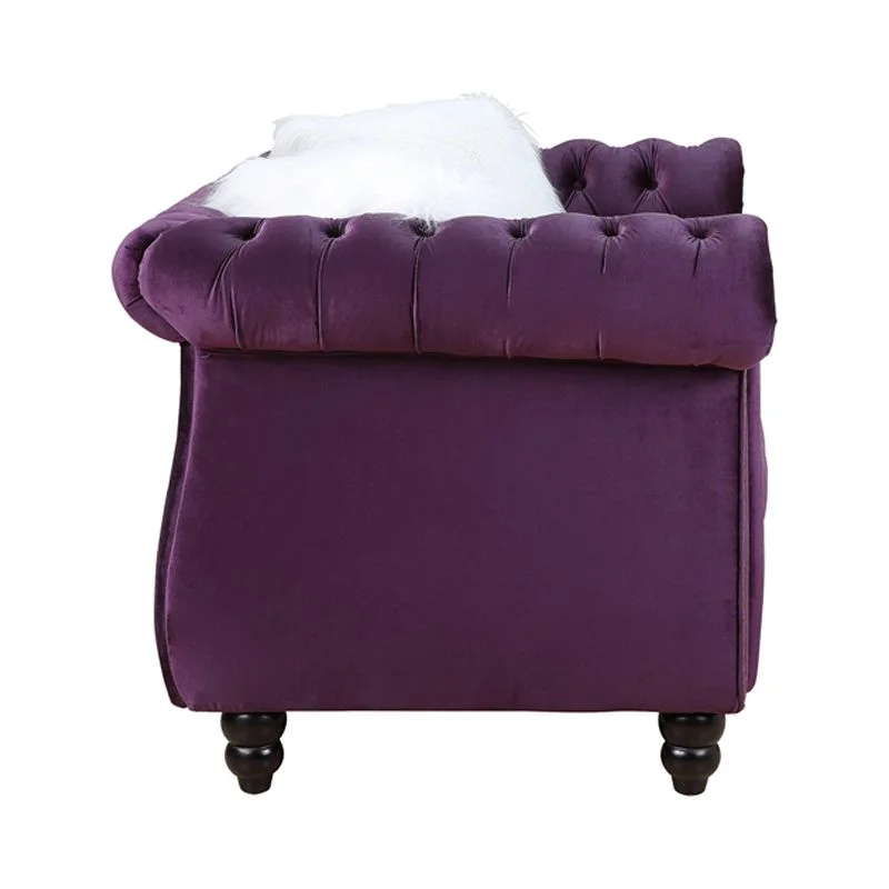 Bowery Hill Transitional Loveseat with 2 Pillows in Purple Velvet