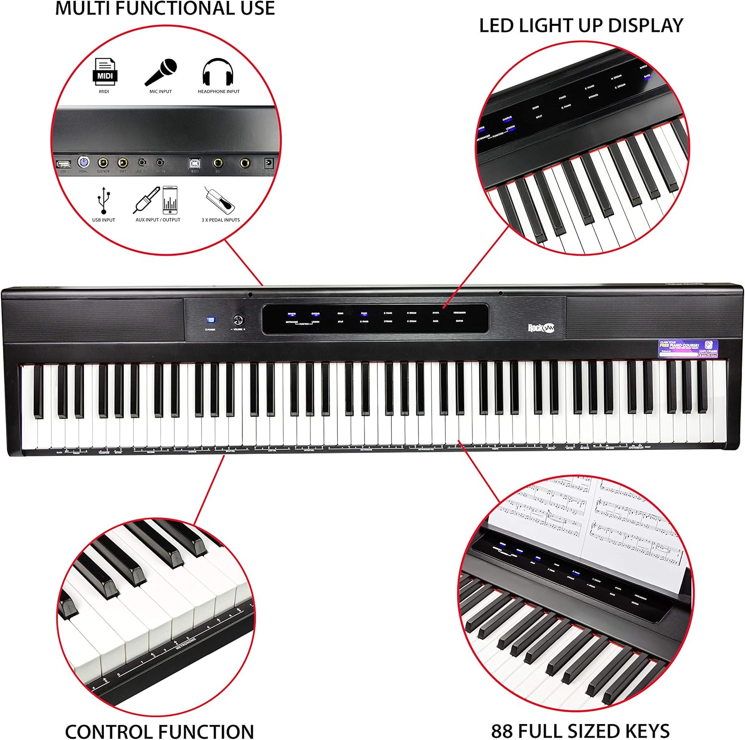 RockJam 88-Key Beginner Digital Piano with Full-Size Semi-Weighted Keys, Power Supply, Simply Piano App Content & Key Note Stickers, Black