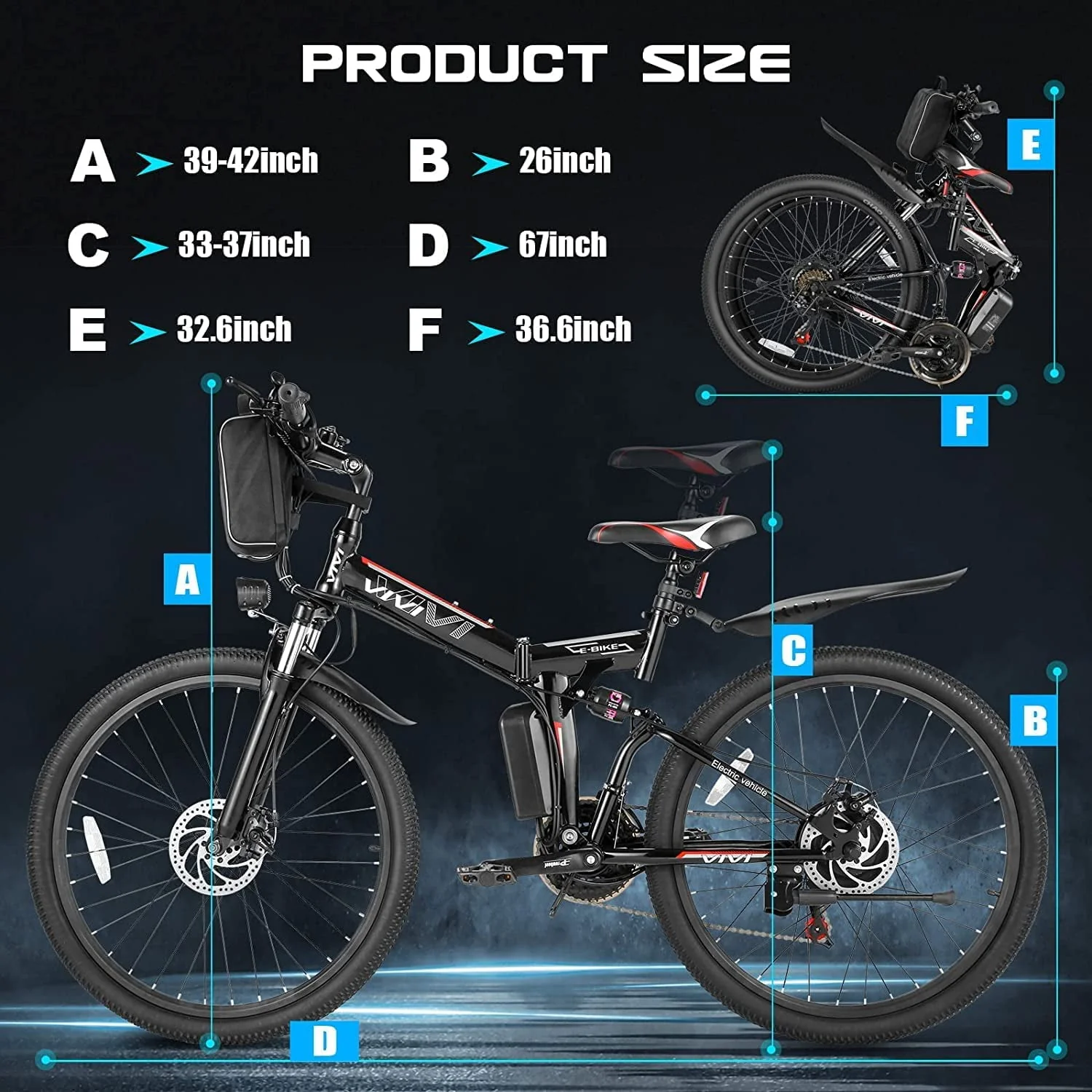 Vivi Electric Bike for Adults 26 Folding Electric Bike 500W Electric Mountain Bike 20MPH Full Suspension Electric Bike with Cruise Control Up to 50 Miles