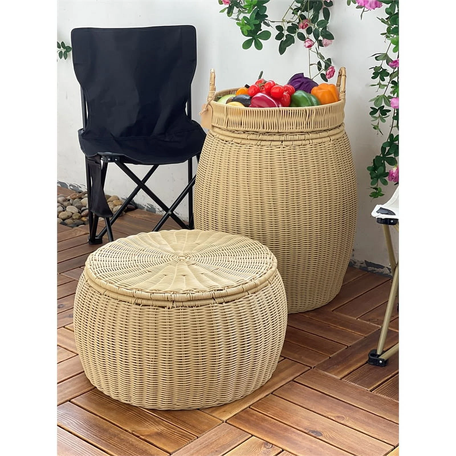 ELE Light & Decor Wicker / Rattan Footstool with Storage Seat in Tan/Beige