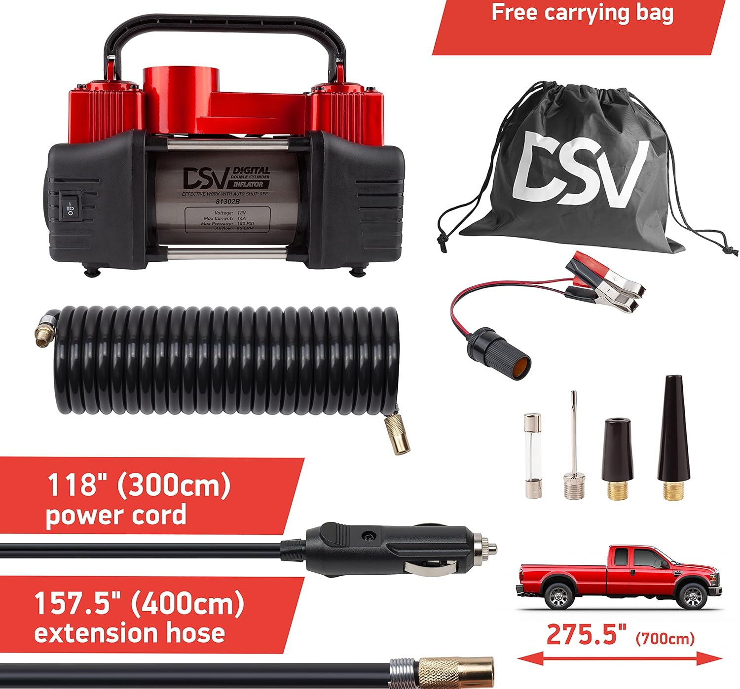 DSV Standard Portable Heavy Duty Double Cylinders Car Air Compressor Digital Tire Inflator,12V 150PSI Air Pump with Auto Shut Off, LED Light, Extension Hose.Ideal for Truck Tires, Bicycle, Inflatables