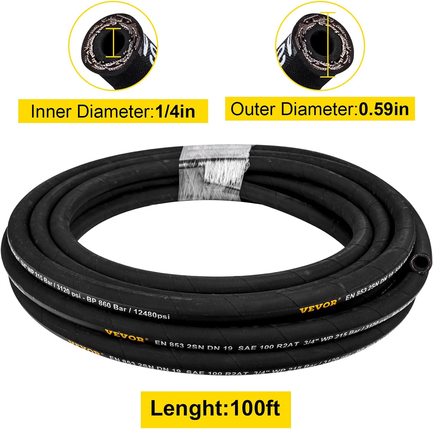 VEVOR Hydraulic Hose 1/4 inch x 100 ft, Coiled Hydraulic Hose 5800 PSI, Rubber Hydraulic Hose with 2 High-Tensile Steel Wire Braid, Bulk Hydraulic Hose -20℃ to 140℃, Hydraulic Oil Flexible Hose Pack of 2