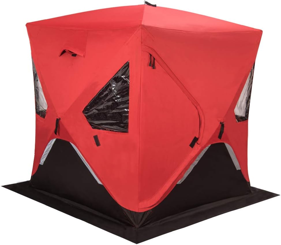FERRET 1-2 Person 58X58X66 Waterproof Pop-up Portable Ice Shelter Tent Ice Shelter Fishing Tent with Carrier Bag, Red