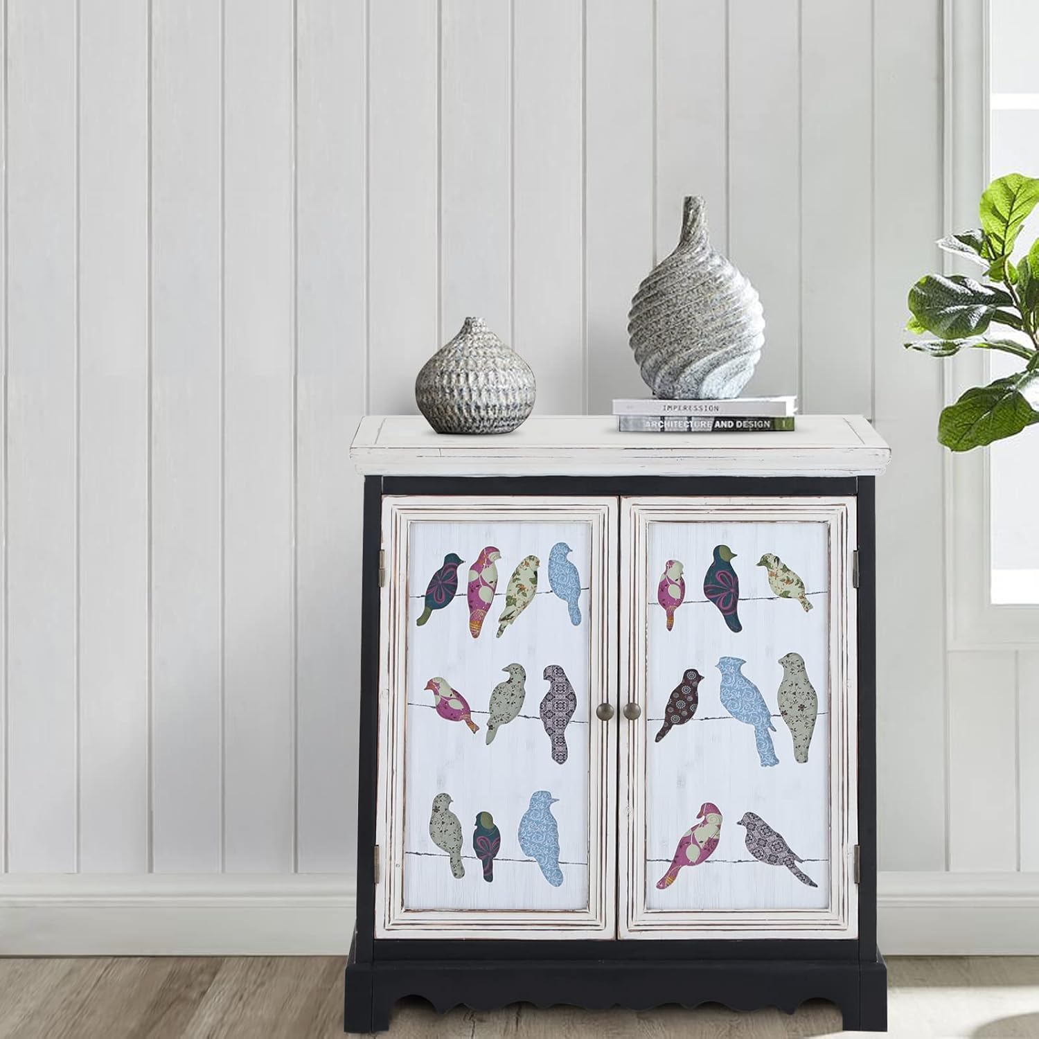Sophia & William Storage Cabinet with 2 Doors, Accent Display Organizer Distressed Console Cabinet with Wooden Frame and Carved Birds for Entryway Living Room Bedroom 29.9 x 15 x 31.9 Inch, White