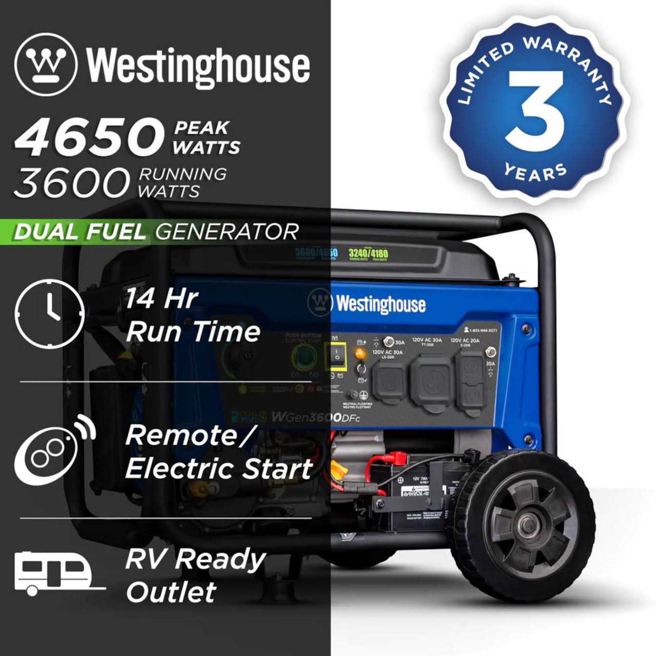 Westinghouse 4650 Watt Dual Fuel Portable Generator Remote Electric Start WGEN3600DFC - Shop Hardware Tools Online Store