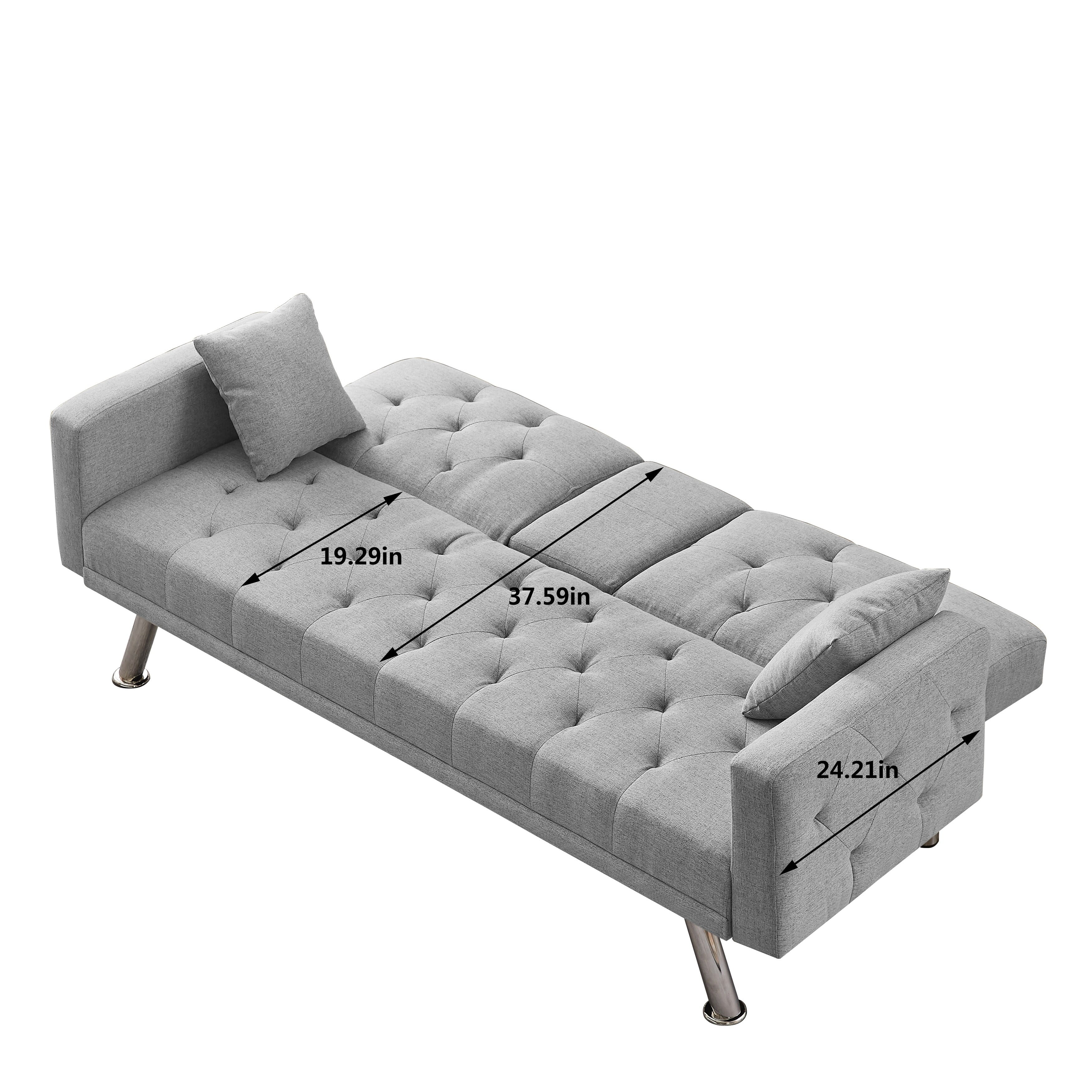 Yangming 76 Inch Futon Sofa Bed with Cup Holders, Linen Convertible Folding Futon Couch with Adjustable Backrest and Throw Pillows Green