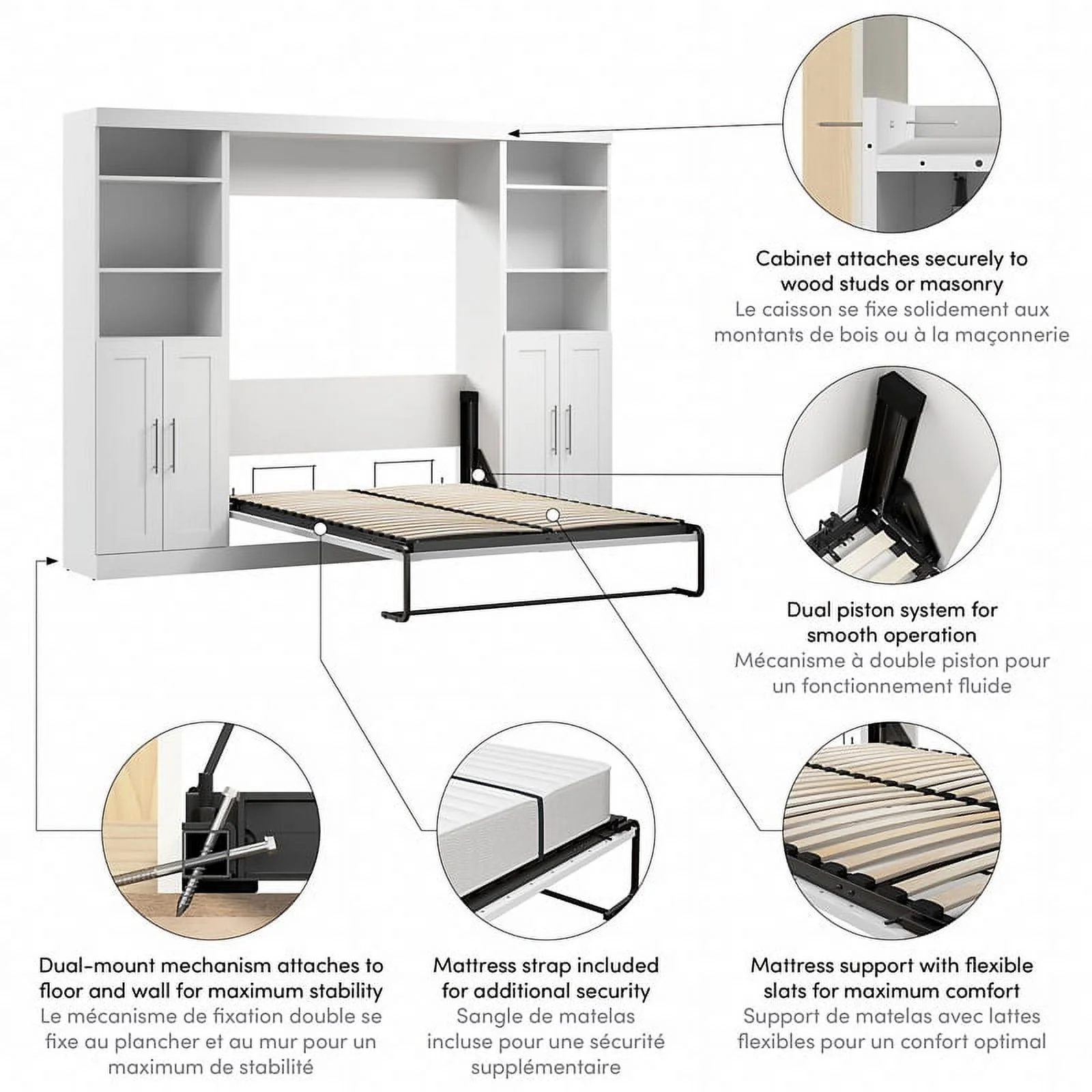 Bestar Pur 109" Engineered Wood Full Murphy Bed with Closet Storage in White