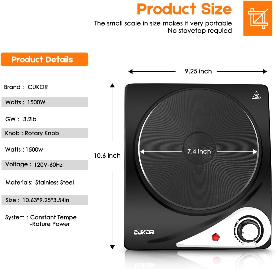 CUKOR Hot Plate,Electric Single Burner for Cooking,1500W Portable Electric Stove,cast-iron,Stainless Steel Non-Slip Rubber Feet