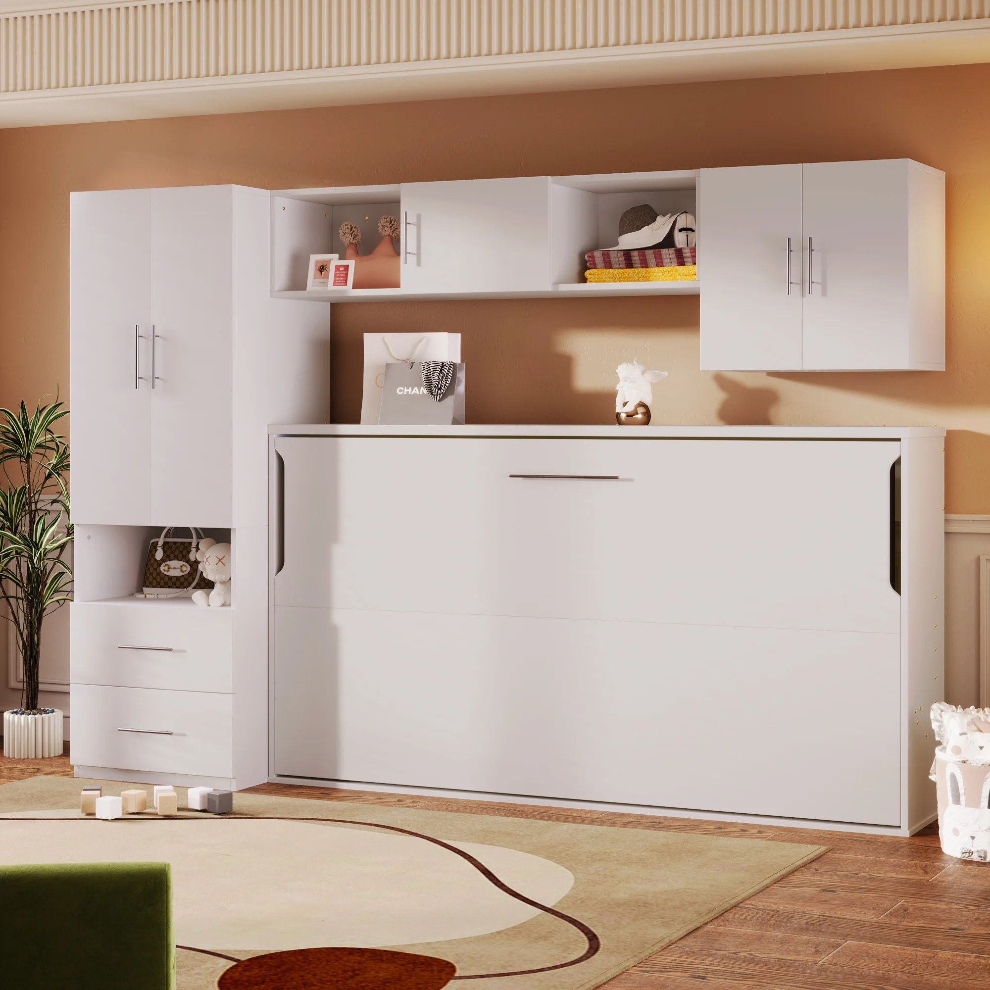 Euroco Twin Size Murphy Bed with Shelf and Drawer, Built-in Wardrobe and Desktop, Convertible into Cabinet for Living Room, Guests Room, Space-Saving Bedroom Furniture Sets