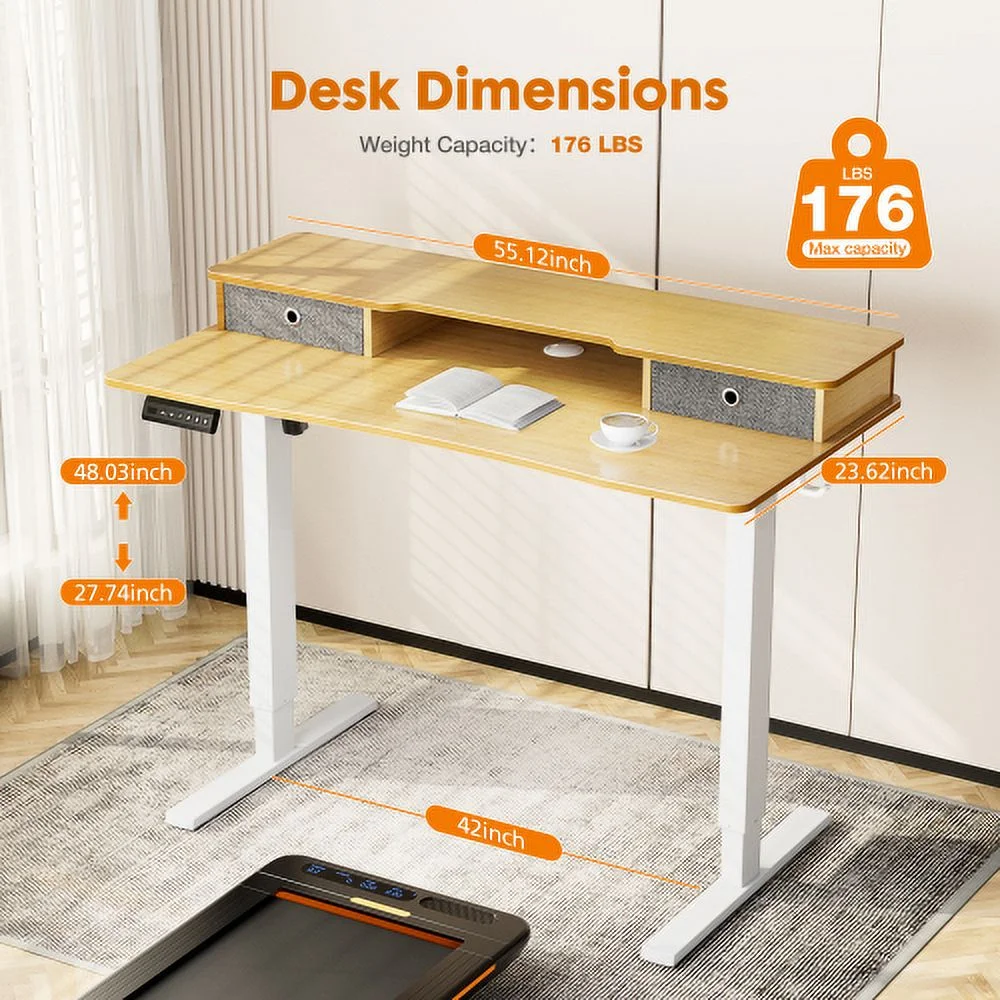 Home Office Height Adjustable Electric Standing Desk with Storage Shelf Double Drawer