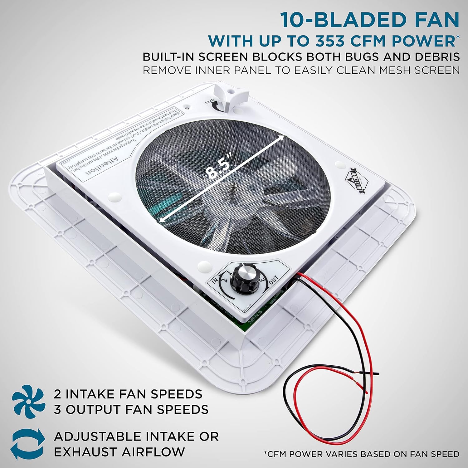 Hike Crew 11” RV Roof Vent Fan w/LED Light | 12V 3-Speed Intake & Exhaust Camper Fan | Manual Open/Close | Includes Screws & Garnish | Smoked Lid