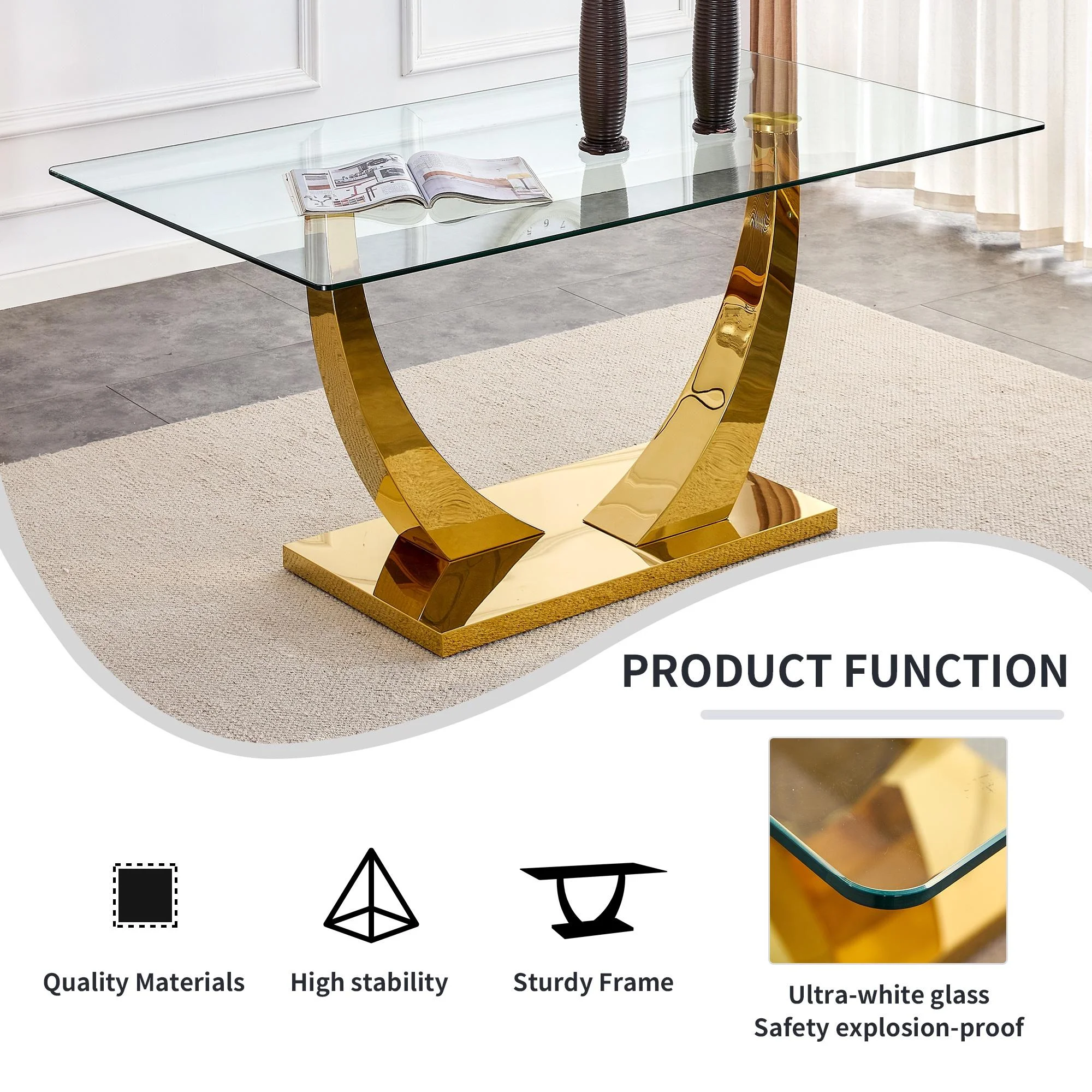 Sumdeal 63" Glass Dining Table Set for 6,Modern Dining Room Table Set for 6, Kitchen Table and PU Leather Chairs Set for 6, Dinner Table with Rectangle Tempered Glass Top and Chrome Golden Base