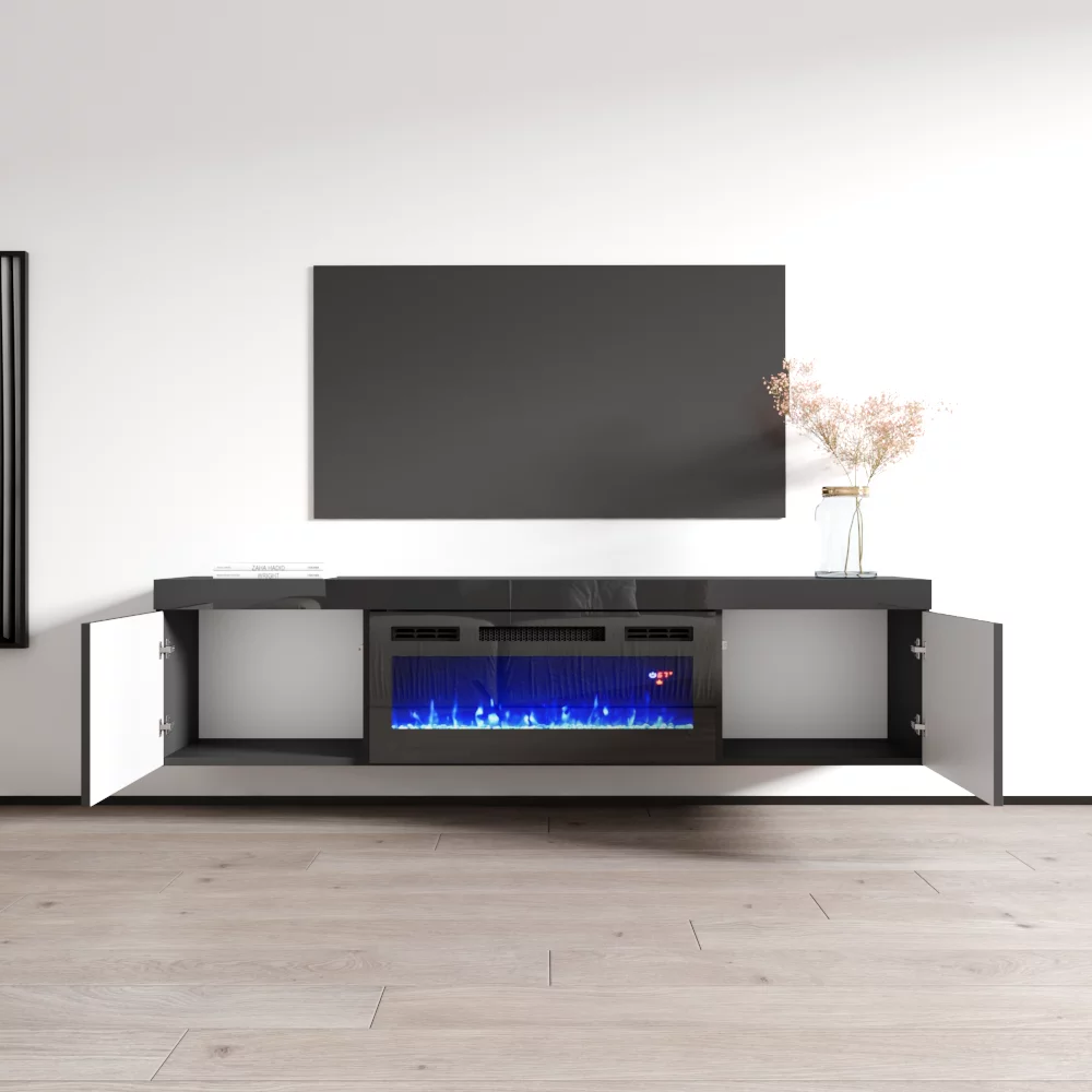 Knoxville BL-EF Floating Fireplace TV Stand for TVs up to 80", Modern High Gloss 71" Entertainment Center, Wall Mounted Electric Fireplace TV Media Console with Storage Cabinets