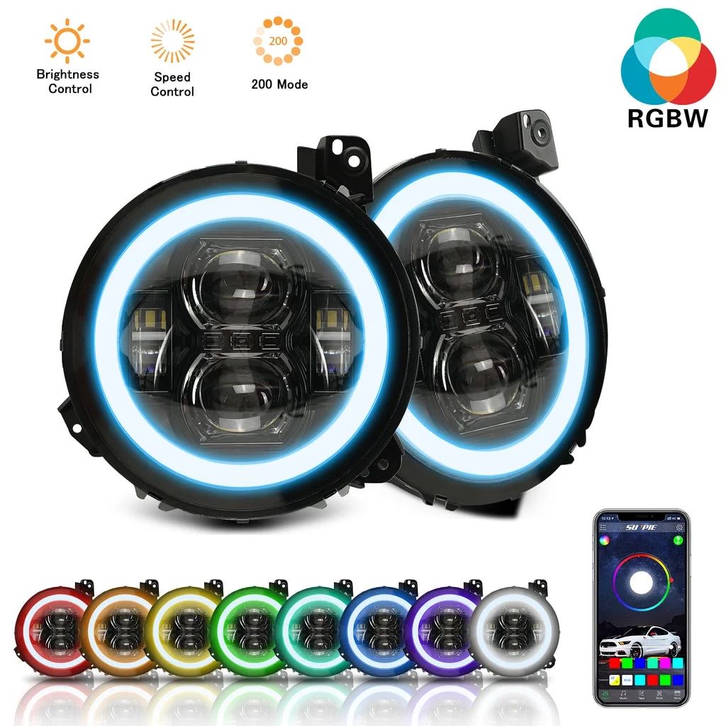 Sunpie Black 9" RGBW Halo LED Headlights & 4" RGBW LED Fog Lights for 2018-2024 Jeep Wrangler JL JLU Jeep Gladiator (JT)