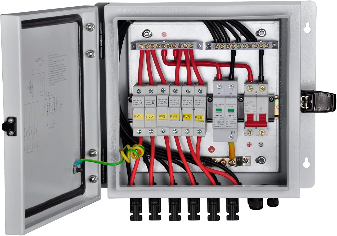 PowGrow PV Combiner Box, 6 String Solar Combiner Box with 15A Rated Current Fuse, Surge Protective Device and 63A Air Circuit Breaker for On/Off Grid Solar Panel System, Pre-Wired Cable, Metal Box